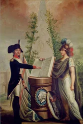 Ein Offizier der Nationalgarde schwört vor dem Altar der Verfassung und der Erklärung der Menschenrechte einen Treueeid